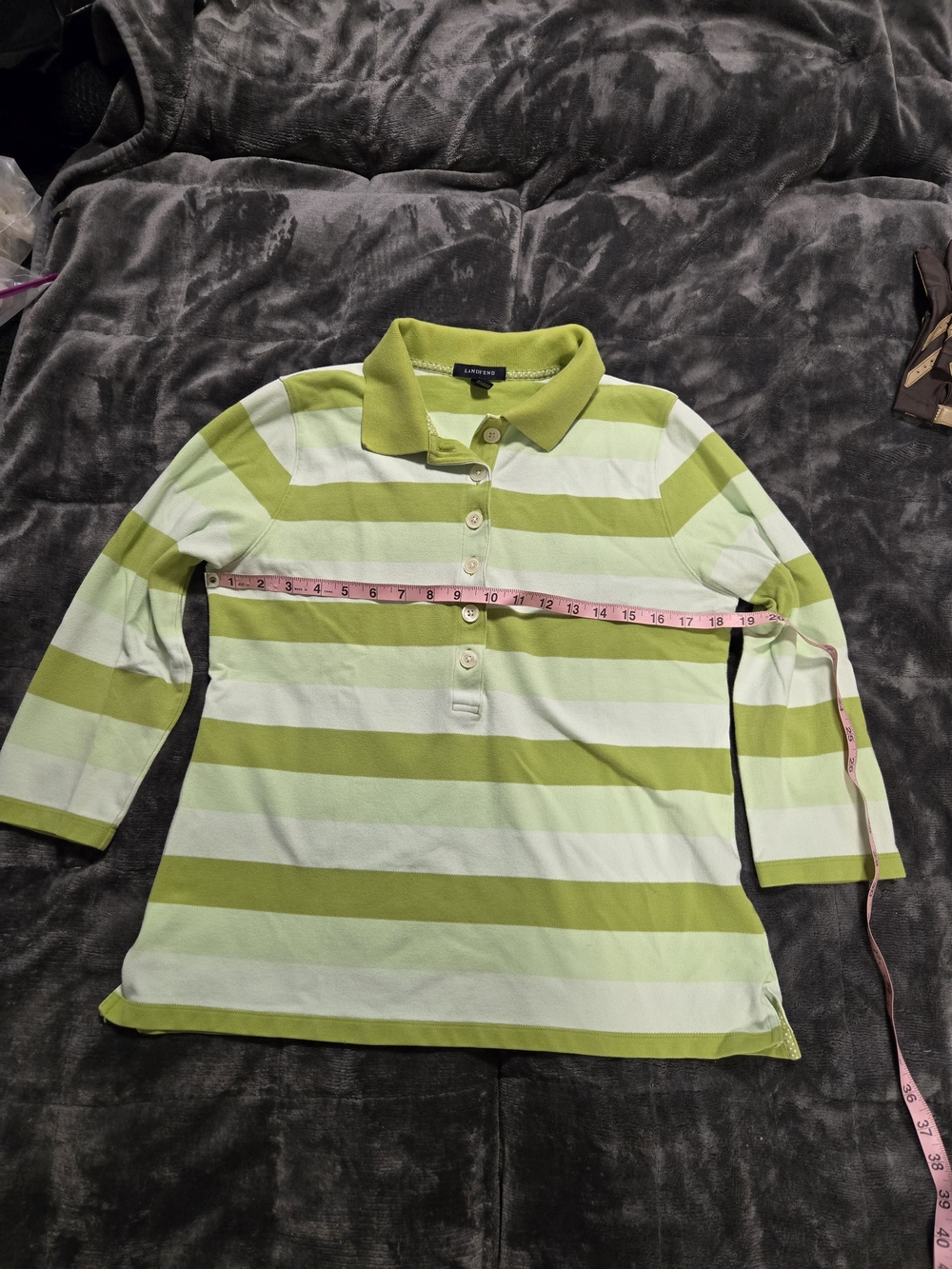 Lands' End Womens Green & White Striped Polo